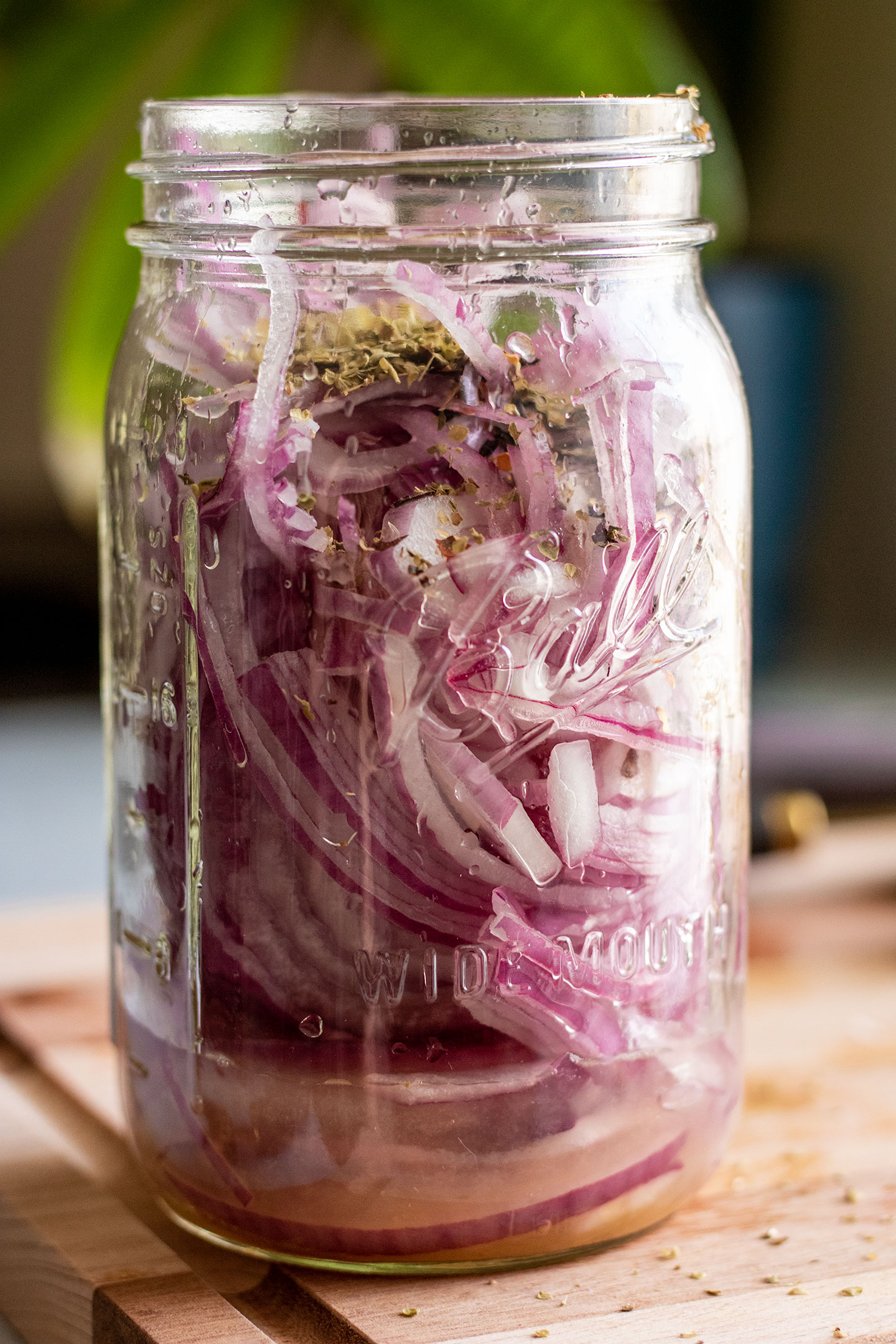 Jar stuffed with sliced red onions, red pepper flakes and Mexican Oregano.