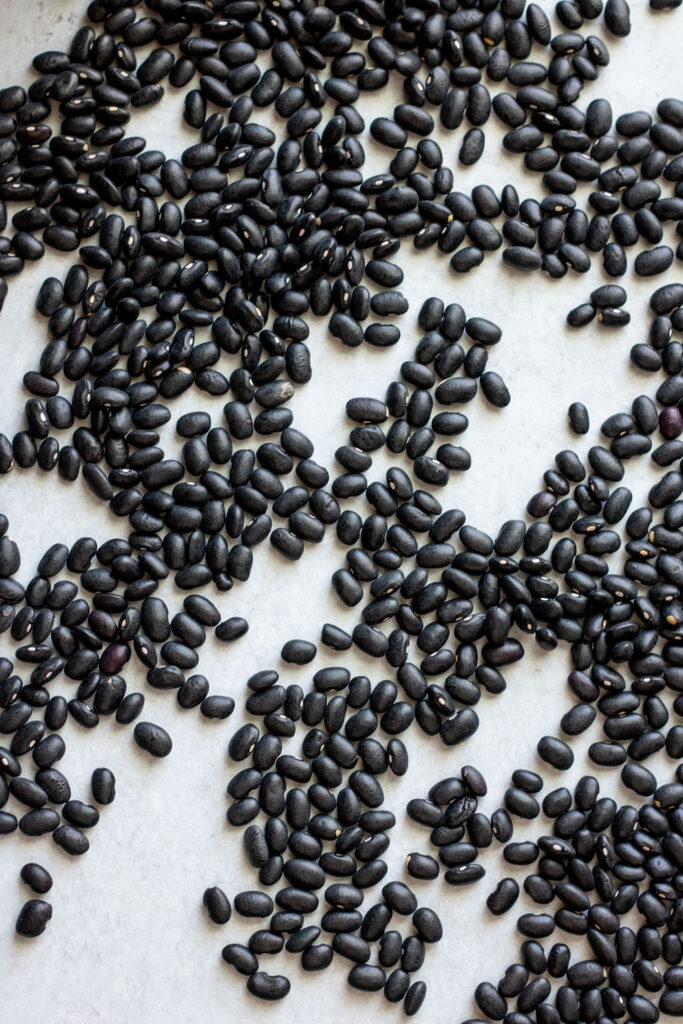 Sorting through black beans for shriveled pieces and debris.