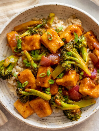 Bowl of cooked tofu tossed together with sauce and vegetables served over rice.