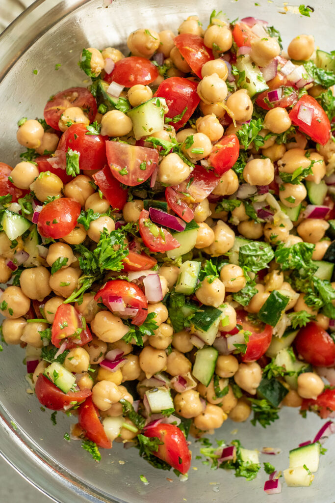 The chickpea salad tossed together with the lemon garlic dressing.