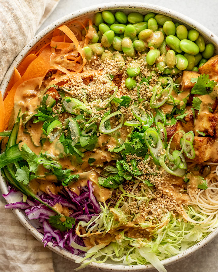 Giant bowl of brown rice noodles topped with shredded vegetables, edamame, herbs and garlic sesame sauce.