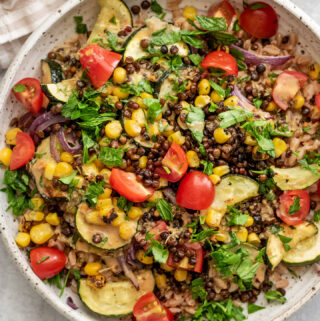 Summer Farro Salad with Crispy Roasted Lentils - Plant Based RD