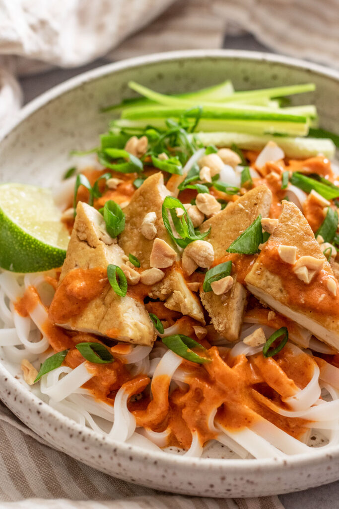 Side view of a plate of rice noodles served with Thai Red Curry Peanut Sauce and served with tofu, cucumbers, lime, scallions and crushed peanuts.