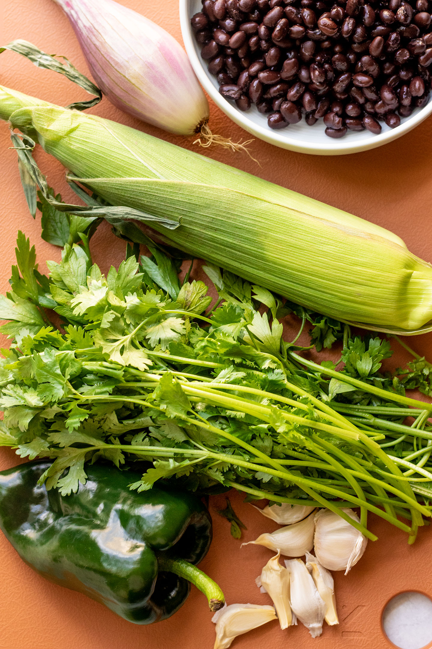 Cutting board topped with corn, parsley, cilantro, garlic, poblano peppers, shallots and black beans.