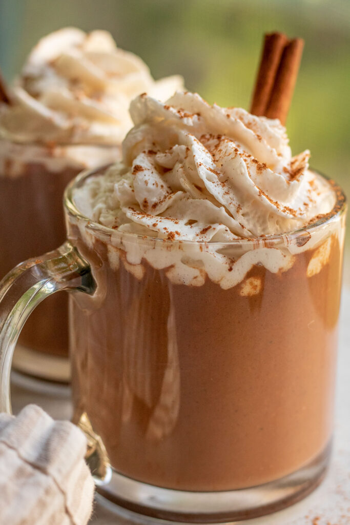Two glass mugs filled with pumpkin hot chocolate and topped with vegan whipped cream and extra pumpkin spice with a stick of cinnamon placed on the side.