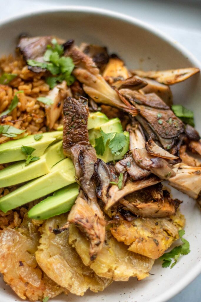Close up view of a plate of vegan pernil, avocado, moro, and plantains.