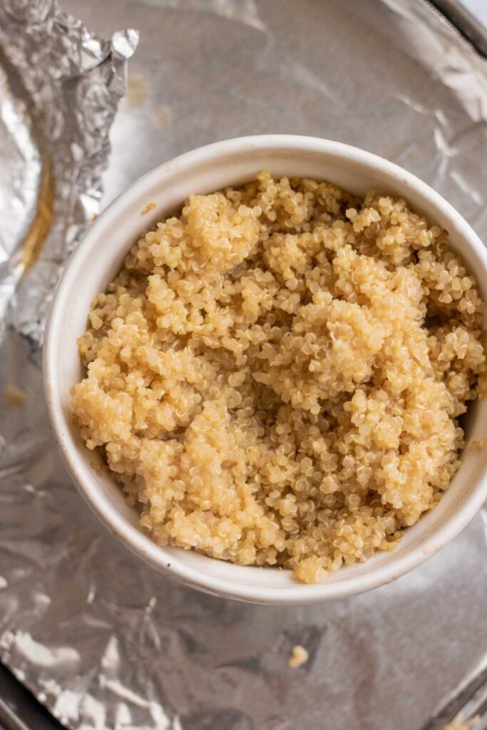 Bowl of cooked quinoa from the oven.