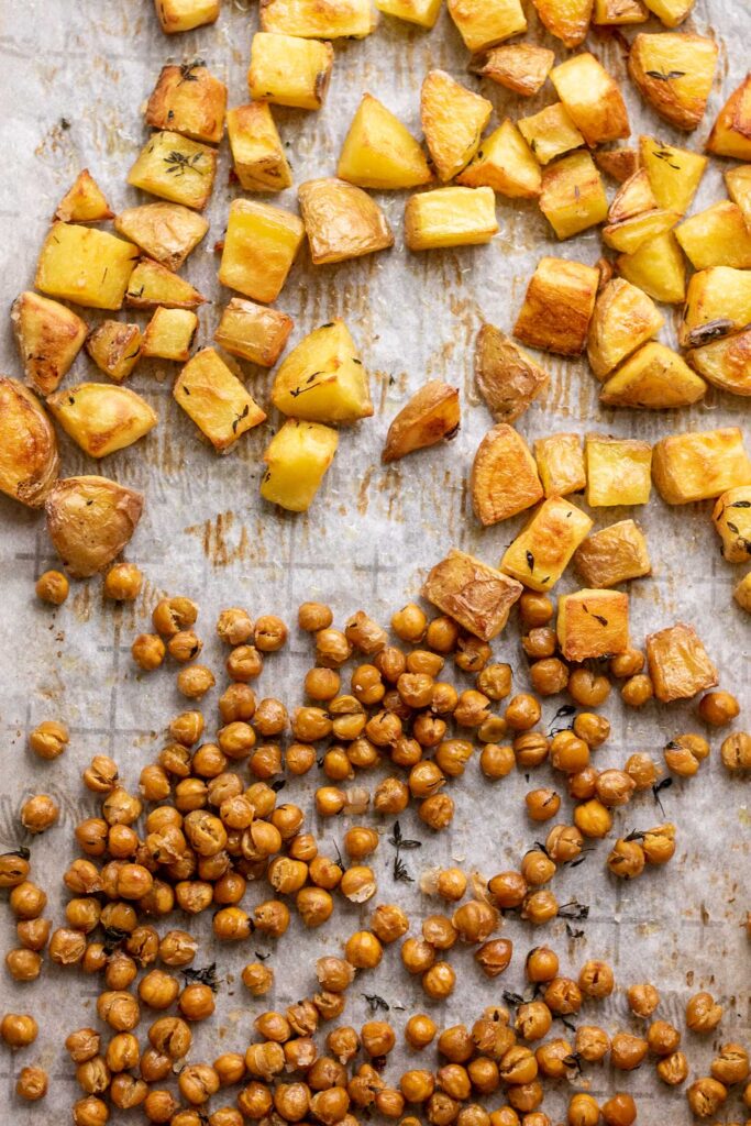Potatoes and chickpeas after roasting in the oven.
