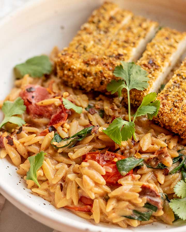 Close up of creamy tomato orzo served with some crispy tofu on top.