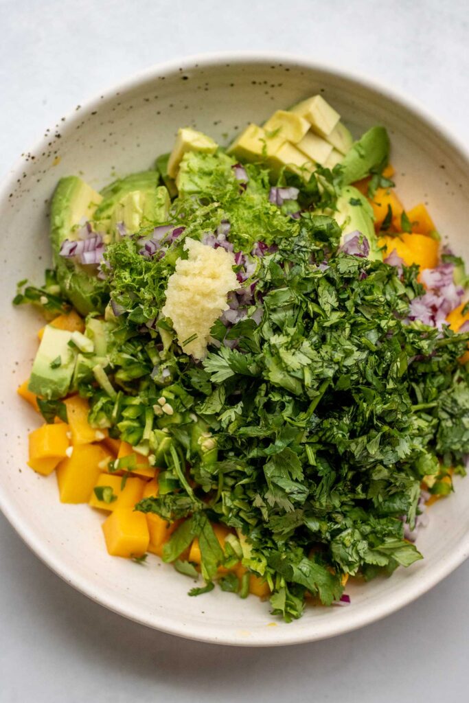 A white bowl filled with cubed mango, avocado, red onion, cilantro, lime and garlic.