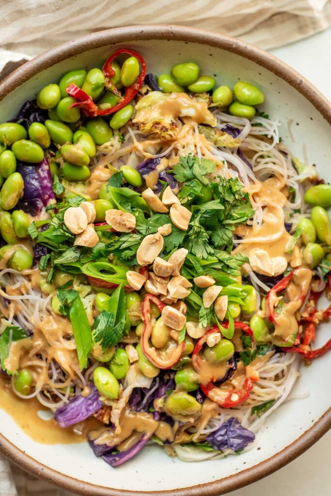 A close up of a large bowl of cabbage noodles topped with marinated edamame, scallions, cilantro and chopped peanuts.