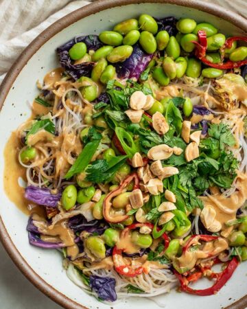 Bowl of cabbage noodles topped with marinated edamame, cilantro, scallions and hoisin peanut sauce.