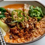 Coconut Gochujang Noodle Soup - Serving Dumplings