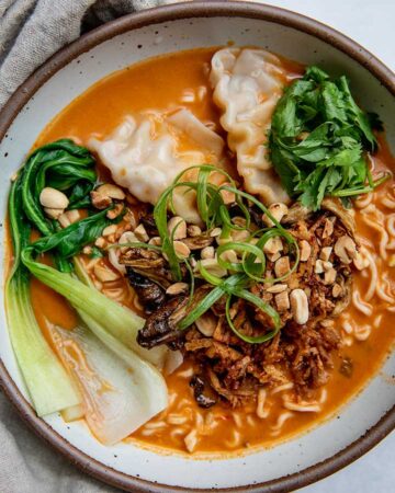 Gochujang broth over some noodles and dumplings, which are topped with steamed bok choy, mushrooms, cilantro, peanuts, shredded tofu, and scallions.