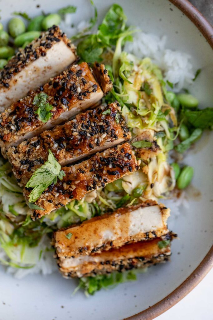 Crusted tofu, placed over a bowl of rice and shredded slaw and coated in sauce.
