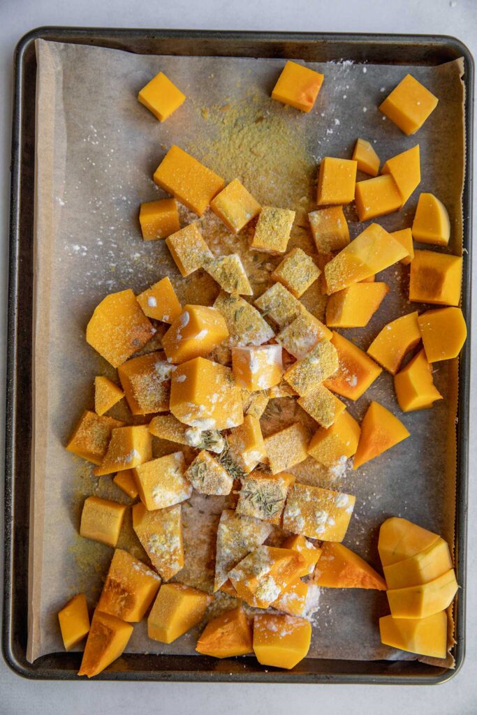 Seasoned butternut squash with cornstarch and nutritional yeast.