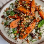 Serving platter filled with rice salad and topped with glazed carrots, almonds and herbs.