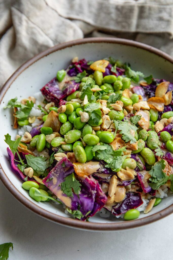 Side view of a bowl filled with rice, cabbage salad, edamame, and peanuts.