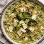 Veggie orzo soup topped with tofu feta and roasted broccoli.