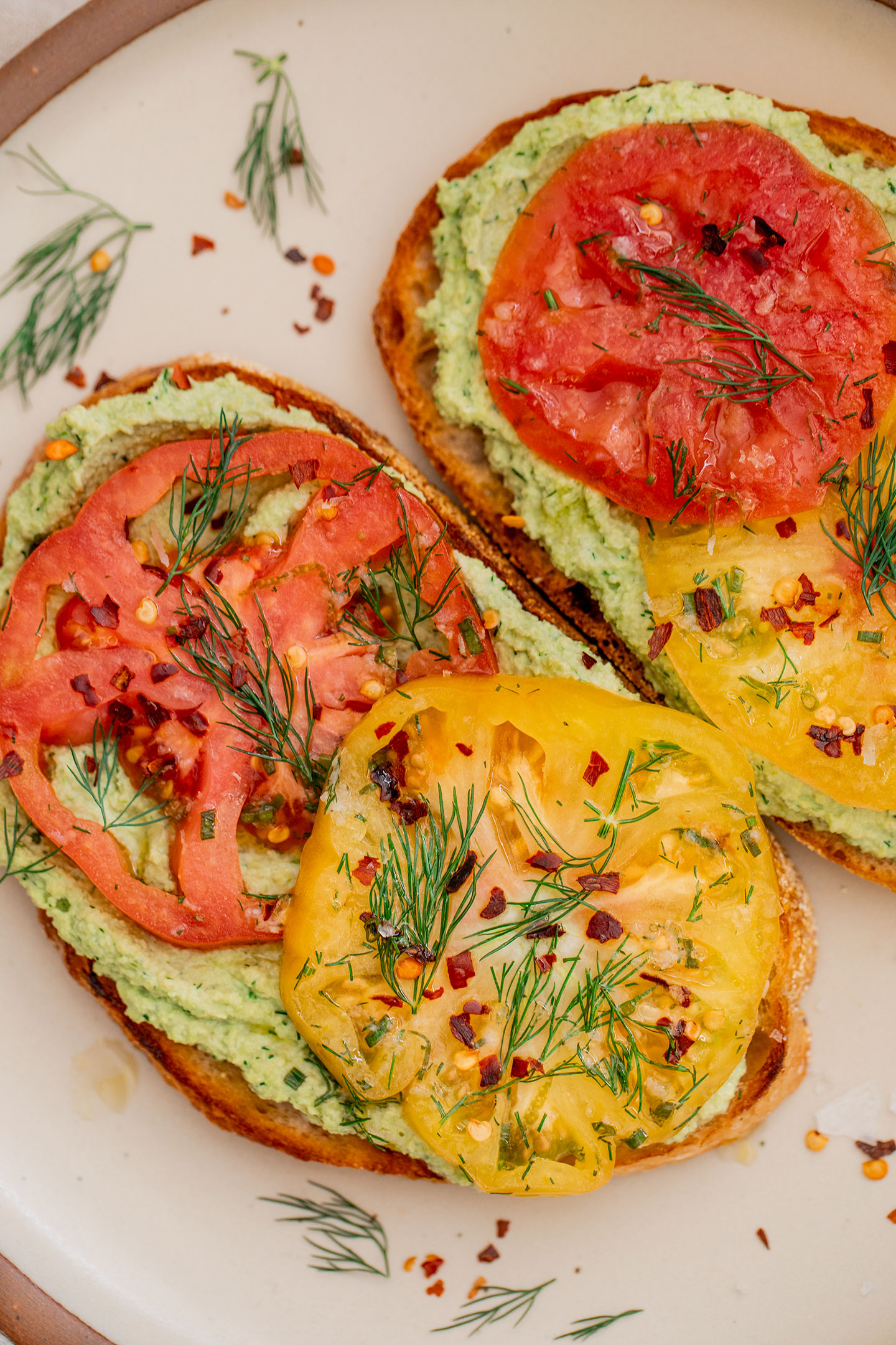 Toast Base Marinated Tomato Toast with Garlic Dill Edamame Spread - Plant Based RD