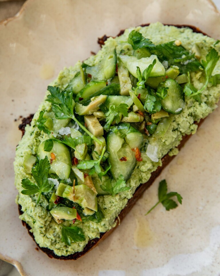 Smashed Cucumber Toast with Artichoke Edamame Spread
