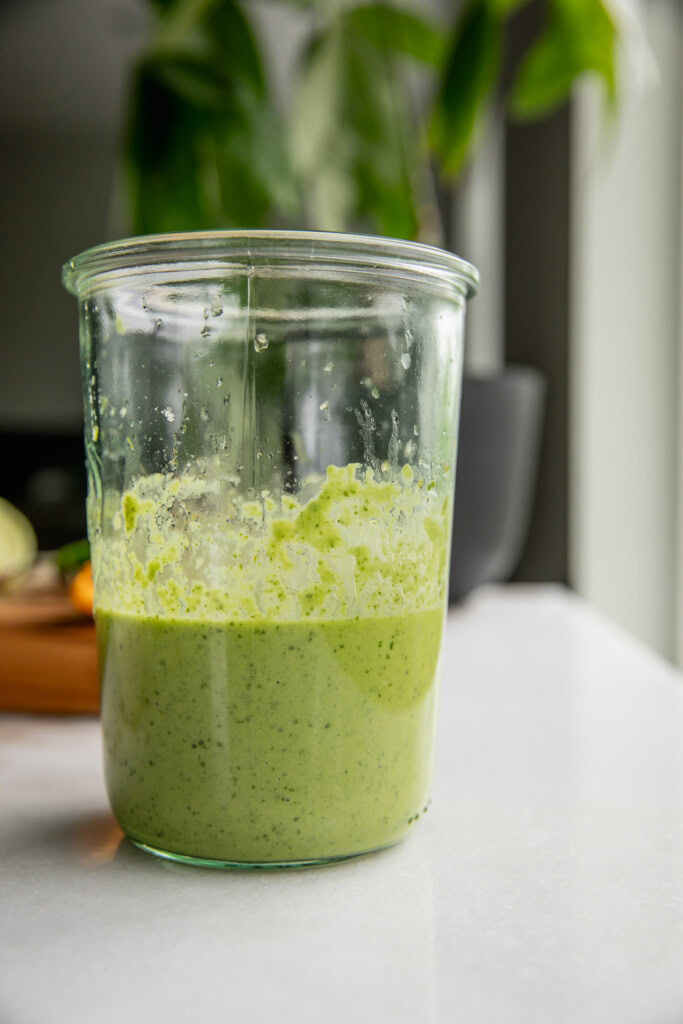 Blended jalapeño basil dressing in a jar.