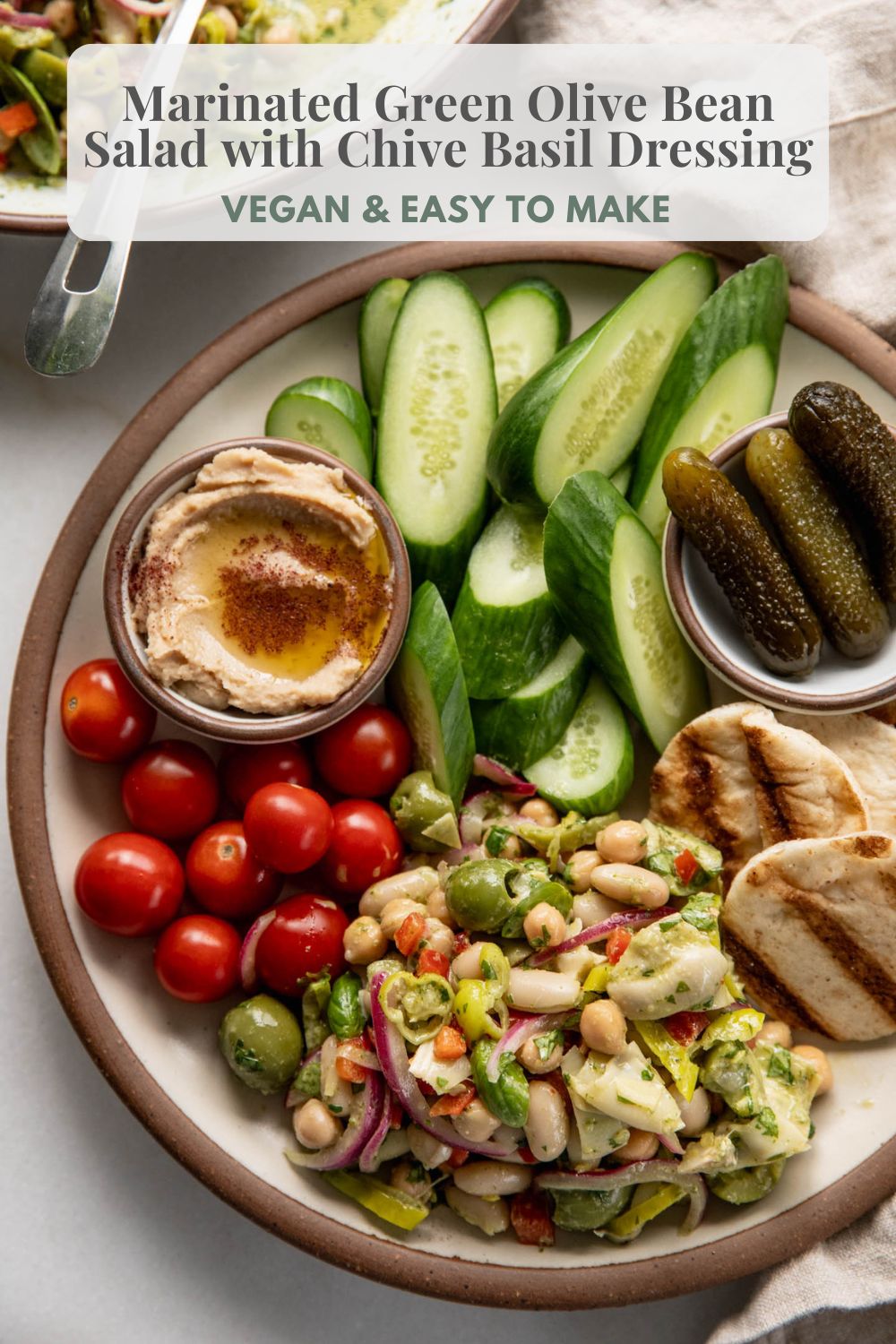 Chive Pin Marinated Green Olive Bean Salad with Chive Basil Dressing - Plant Based RD