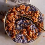 Blueberry muffin chia pudding topped with buttery oat crumble.