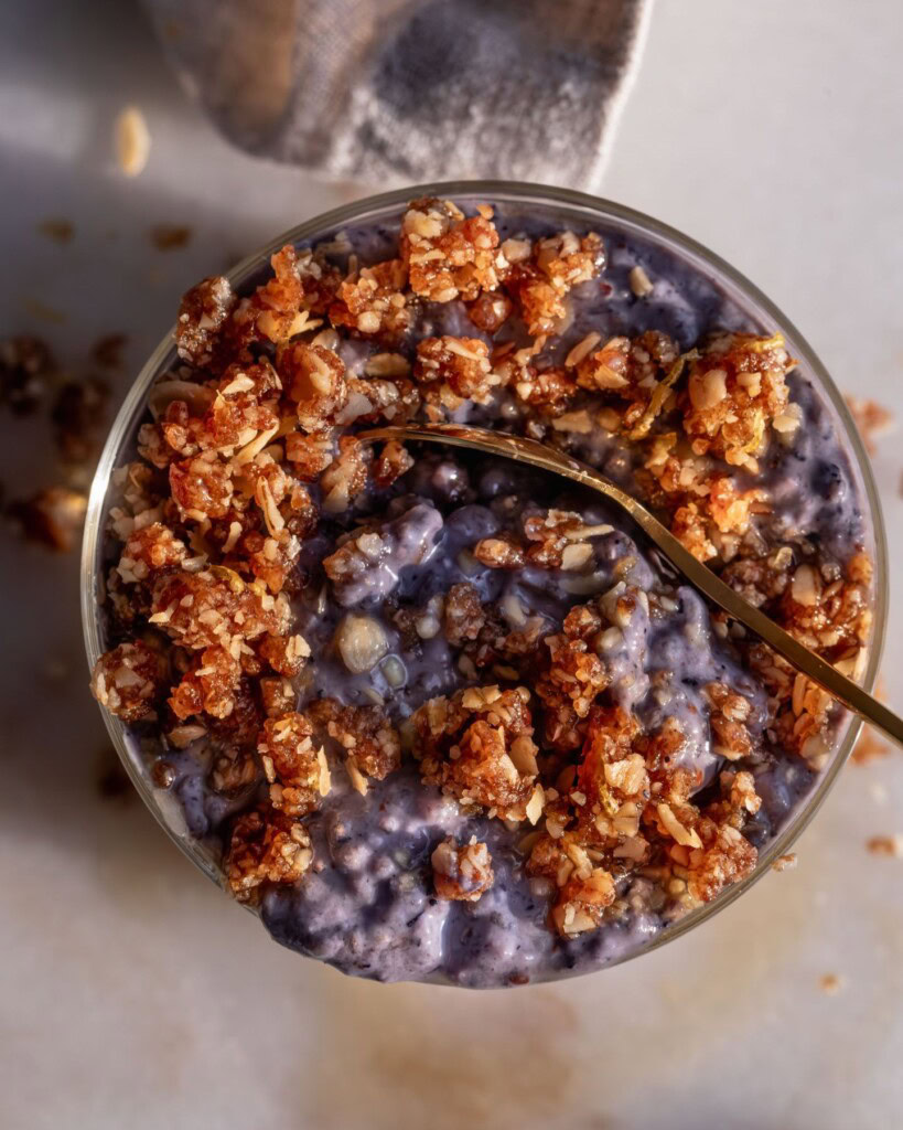Blueberry muffin chia pudding topped with buttery oat crumble.