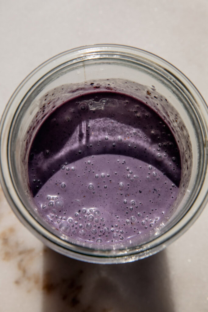 Fully blended blueberry milk.