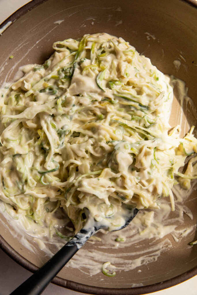 Veggies fully coated in the pancake batter.