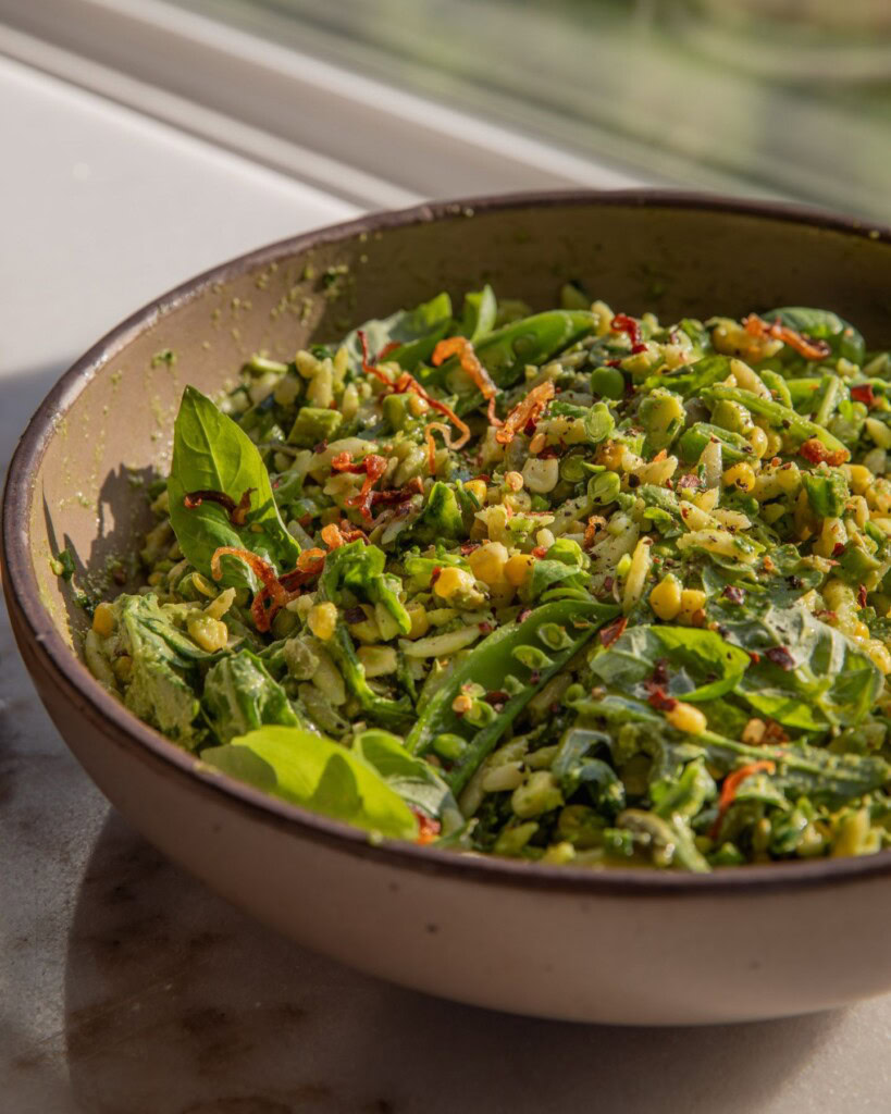Large bowl filled with orzo pasta salad that is tossed in a creamy basil vinaigrette.
