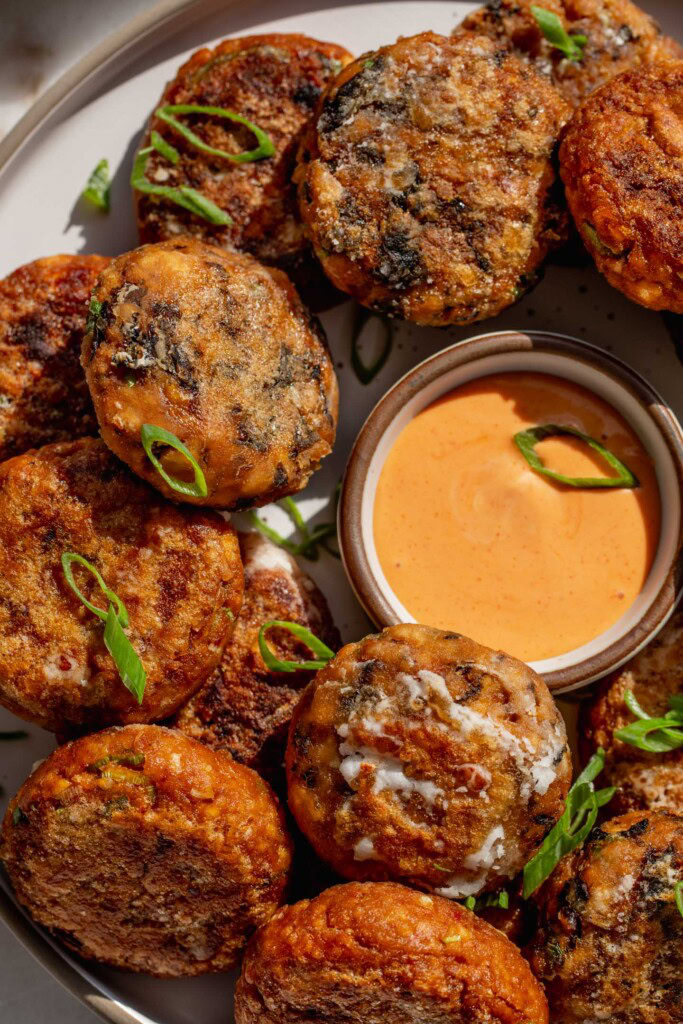Plate with an array of 3 different tofu patties with a bowl of dipping sauce in the middle.