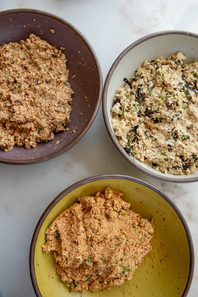 All 3 tofu batters fully mixed in their bowls.