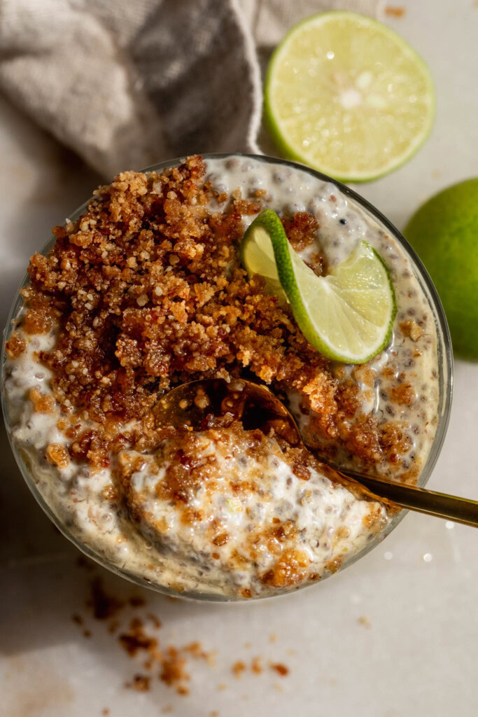 Tucking a spoon into the key lime chia pudding and graham cracker crumb.