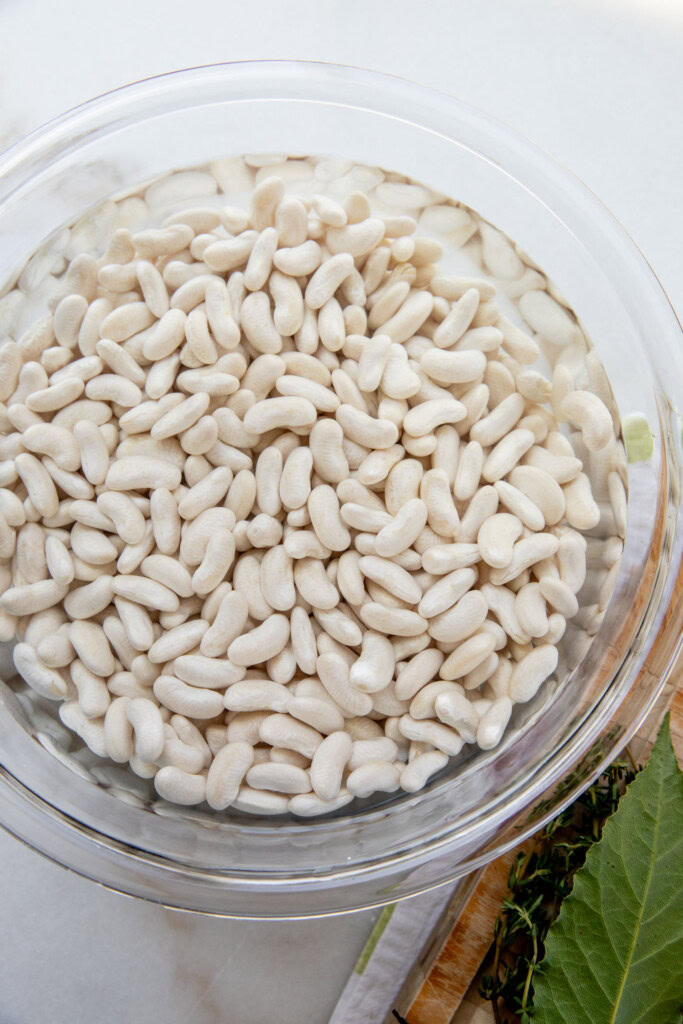Soaked white beans in a bowl.