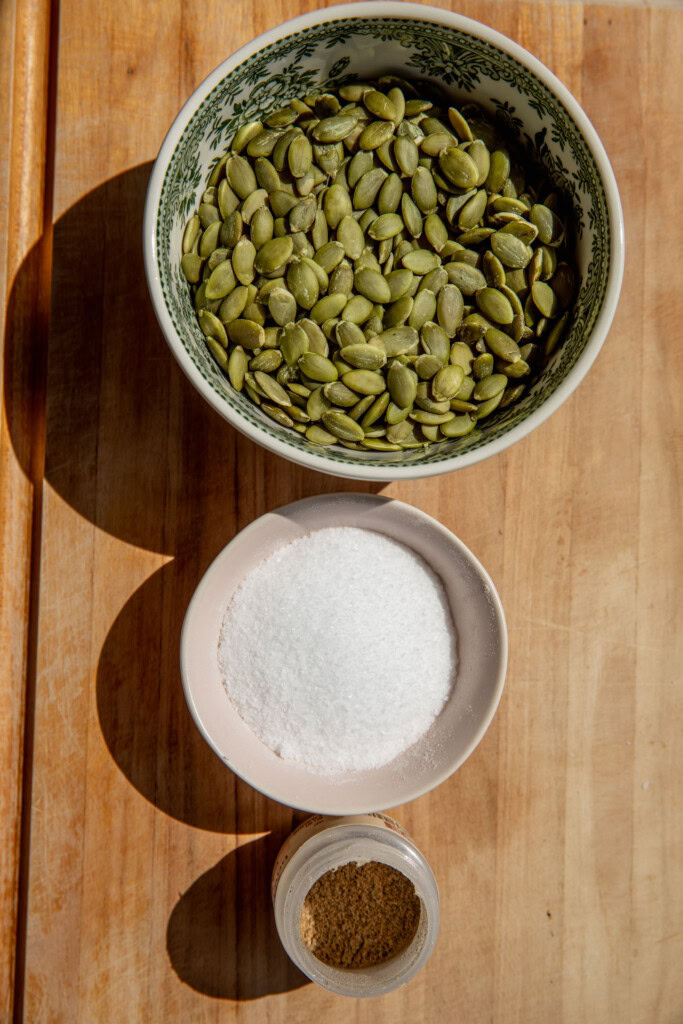 Bowl of pumpkin seeds, salt, and cardamom (which is optional for adding).