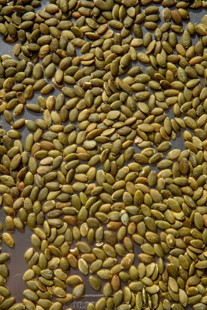 Roasted pumpkin seeds on a baking tray.