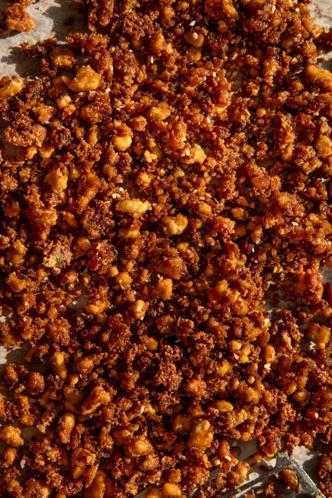 Roasted crumbled tofu on a baking tray.